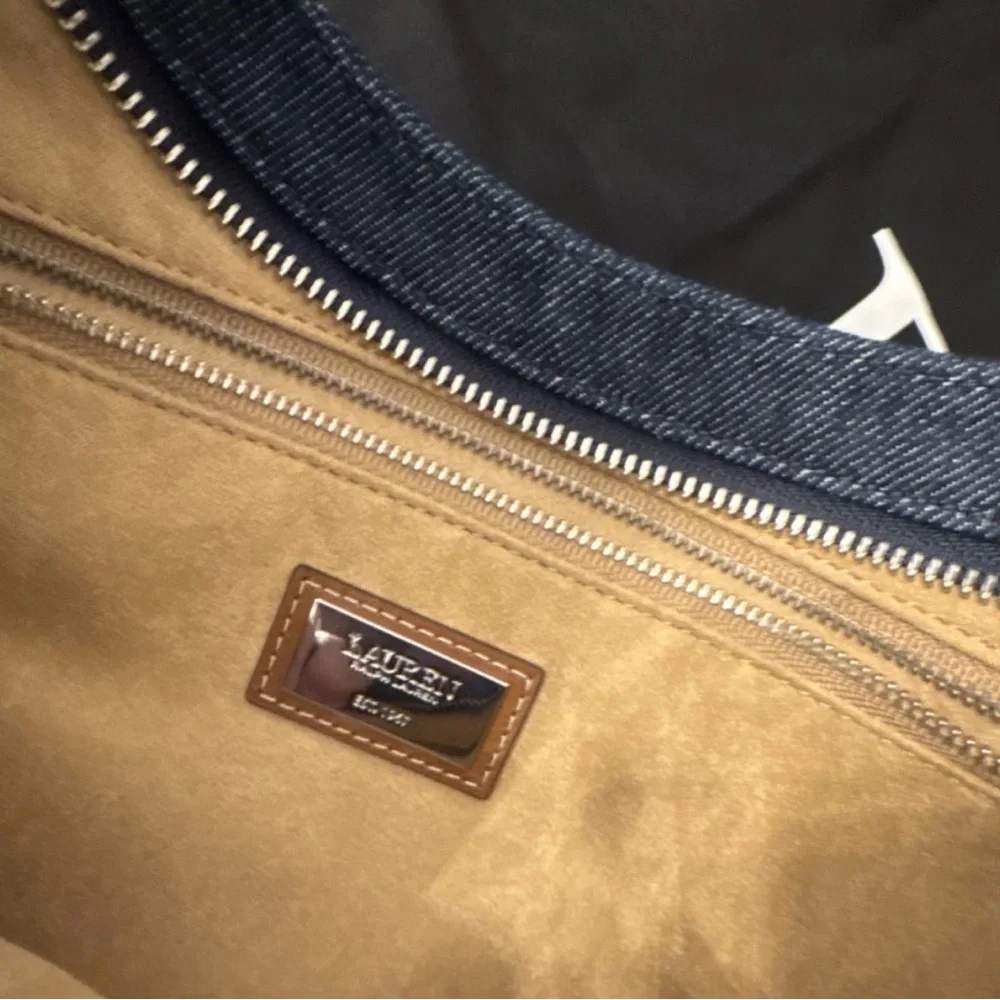 Lauren Ralph Lauren Denim Crescent Shoulder Bag with Tan Leather Trim - Picture 6 of 8